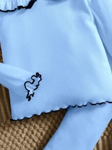 Girls Casual Elegant White Knitted Long Sleeve Top And Flared Pants Set. Refined And Minimalist White Design With Bow Accent, Flare Leg Silhouette, Comfortable And Clean Yet Graceful. Suitable For Daily Wear And Outings, Spring/Autumn - Blue - View 4