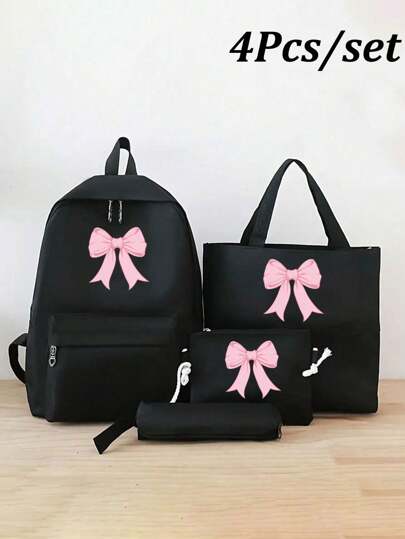 4pcs/Set Y2K Bow Print Functional Simple Backpack Set School Bag Set, Fashion Backpack, Large Capacity Shoulder Bag, Portable Pencil Bag, Coin Purse, College Style Cartoon Casual Style, Suitable For Teenage Girls,Junior High School And High School Student, College And High School, Perfect For Outdoor, Travel And Back To School,Back To School Supplies,School Bag For Girls
