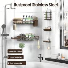 Shower Caddy Adhesive Shower Organizer 7-Pack, Rustproof Stainless Steel Bathroom Shelves, Large Capacity No-Drill Rack Storage Accessories With Soap Dish Toothbrush Holder &24 Hooks Home Decor - 棕色 - 查看 5