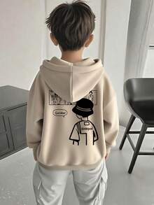 1件装男童休闲印花套头卫衣，保暖内衬，长袖，秋冬季 - 杏色 - 查看 7