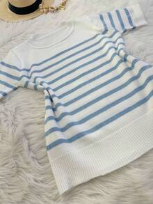 STORE MODA SUMMER KNITTED MODAL STRIPED BLOUSE - TRẮNG VÀ XANH NHẸ - Xem 1