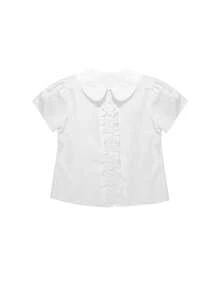 女式短袖纯色荷叶边领衬衫 - 白色 - 查看 11