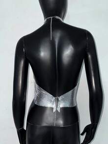 1pc Women's Sexy Cute Metallic Chain V-Neck Sequin Halter Crop Top, Suitable For Party, Bar, Music Festival, Holiday, Daily Wear