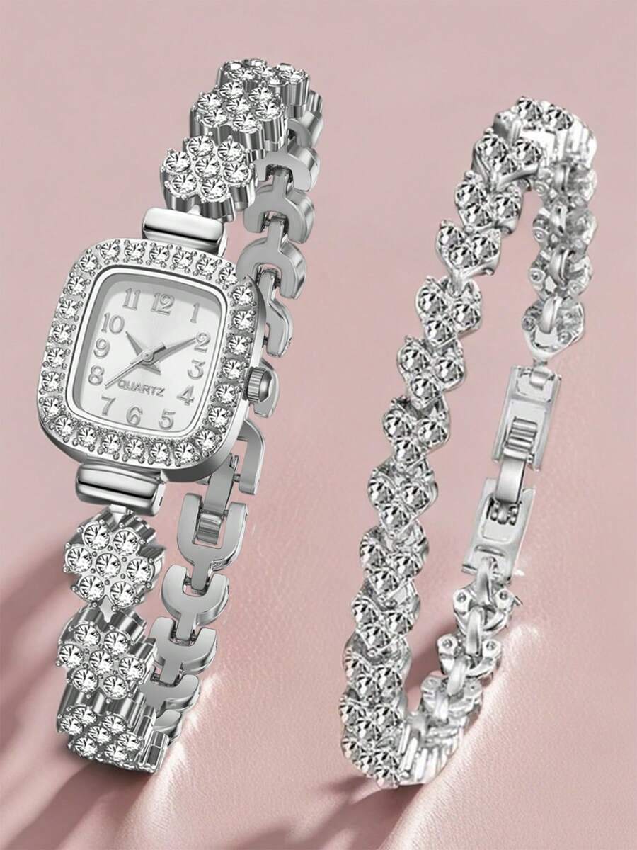 2pcs/Set Luxury Women's Alloy Strap Watch Set, Fashion Crystal Dial Quartz Watch, Suitable For Daily Wear, Great Gift - Silver - View 1