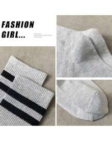6 Pairs Striped Mid-Calf Socks For Women, Black, White, Gray, Fashionable Casual Sports Long Socks, Suitable To Pair With Underwear And Pants, Women's Outerwear Mid-Calf Socks, Student Sports Long Socks, Striped Mid-Calf Socks (1/3/6 Pairs) - Multicolor - View 9