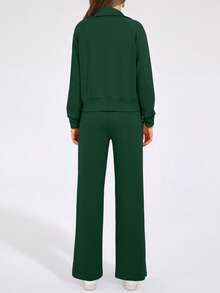 Women's 2 Piece Outfits Casual Lapel Half Zip Sweatshirts And Wide Leg Pants Tracksuit Sets - Dark Green - View 2