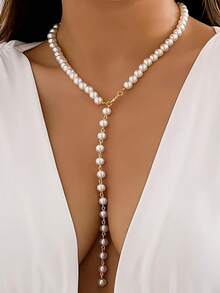 Elegante collar en forma de Y con hebras de cuentas de perlas falsas - Hebra larga de moda, adecuado para ocasiones casuales y especiales, muy de moda