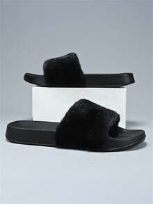 Unisex Casual Fluffy Slippers For Teens And Adults, Fashionable Fuzzy Slides For Outdoor, Campus, And Indoor Home Use, Warm And Comfortable, Slip-On Design (Some Uneven Or Uneven Fur, Edge Shedding May Occur But Does Not Affect The Overall Look)