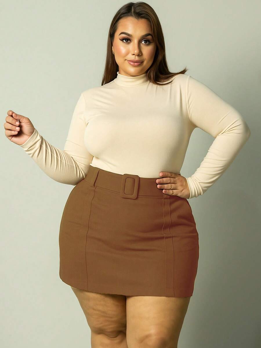 Women's Plus Size Skirt Shorts Underneath Elastic Fabric Clubwear Party Look Sexy Curve Mini Slit 44 To 54 - Màu nâu Sô-cô-la - Xem 1