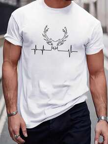 Men's Casual Deer Print T-Shirt - Soft Polyester, Crew Neck, Short Sleeve, Machine Washable - Versatile & Stylish For All Seasons Tee For Adult, Men, Women, Teen, Teenager, Adolescent, Youth - White - View 1