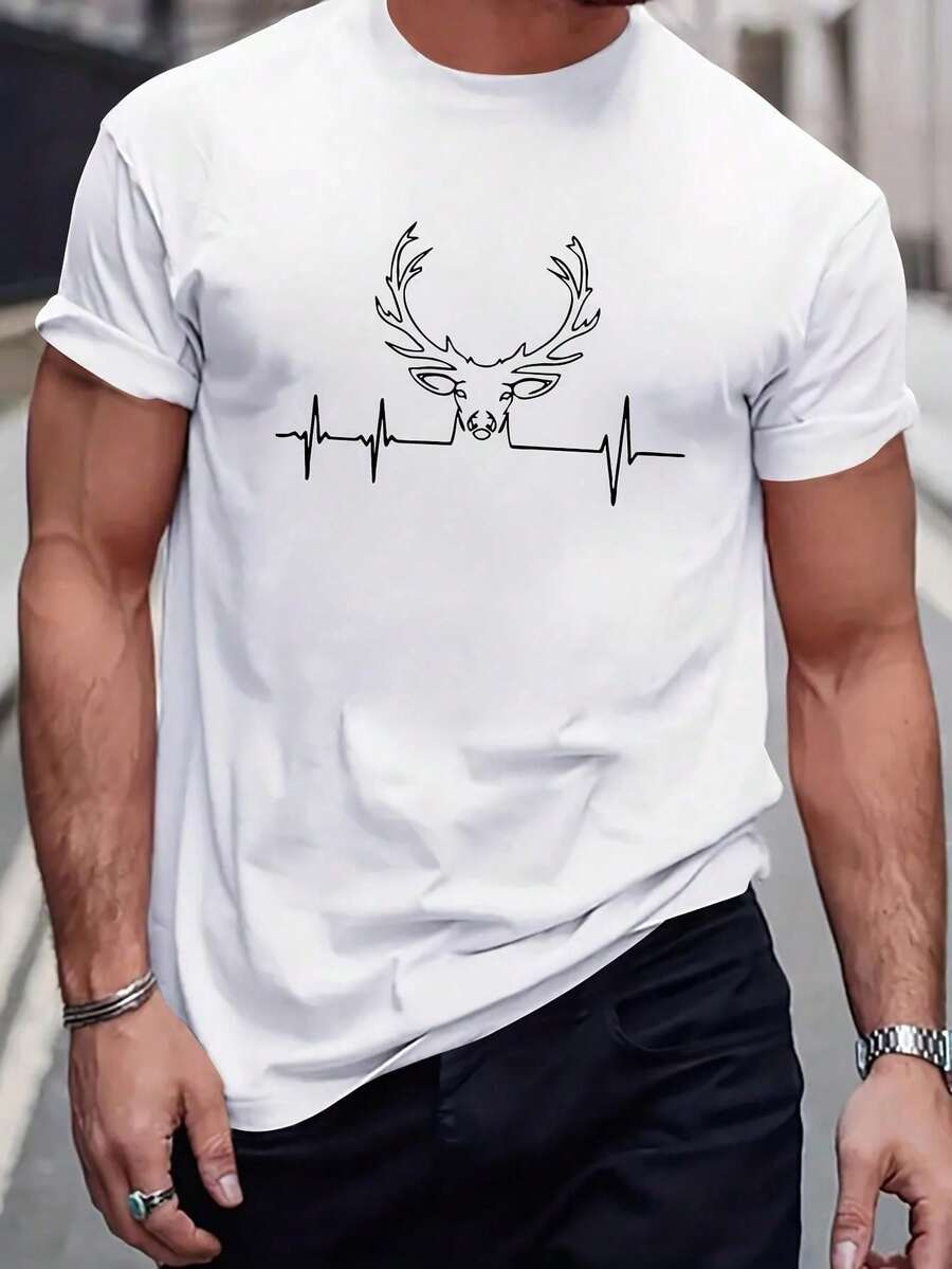 Men's Casual Deer Print T-Shirt - Soft Polyester, Crew Neck, Short Sleeve, Machine Washable - Versatile & Stylish For All Seasons Tee For Adult, Men, Women, Teen, Teenager, Adolescent, Youth - White - View 1