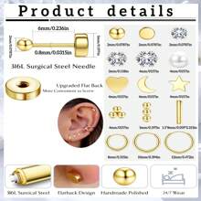 小型防过敏扁平耳钉，适合男性和女性，手术不锈钢耳环套装，微型螺丝背软骨耳环。