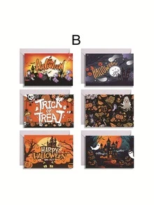 6 arkuszy/opakowanie, kartka z życzeniami na Halloween – pusta w środku, karta z zaproszeniem na Halloween, zestaw kartek informacyjnych – kartki z życzeniami w różnych wzorach z okładką w stylu vintage Halloween na życzenia, pamiątki i prezenty świąteczne (z 6 kopertami i 6 okrągłymi naklejkami), niezbędne artykuły na święta