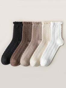 5 Pairs Women's Solid Color Braided Fashion Casual Versatile Mid-Calf Lace Socks, Fall Socks