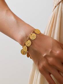 1 pieza Pulsera vintage con moneda y cadena ovalada para mujeres, adecuada para festivales
