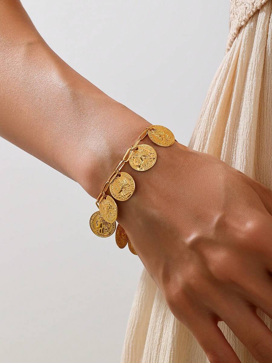 1 pieza Pulsera vintage con moneda y cadena ovalada para mujeres, adecuada para festivales