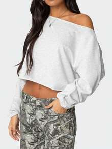 Women's Thin Sweatshirt, Fashionable Solid Color Slant Collar Long Sleeve Casual Short Sweatshirt, Spring And Fall Women Clothes, For Daily Street Wear - 灰 - 查看 3