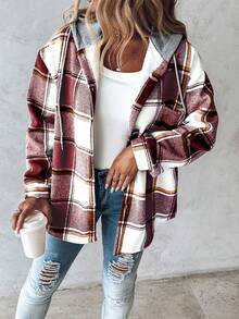 ChicMe Women Fleece Lined Plaid Hoodie Coat Button Drawstring Long Sleeve Jacket Casual Stylish Loose Warm Streetwear Daily Outdoor Office Travel - Red - View 4