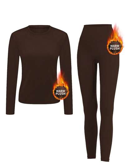 女士纯色羊毛保暖内衣套装，舒适打底衫，户外活动保暖紧身裤，滑雪，长袖圆领上衣和裤子套装，瑜伽服