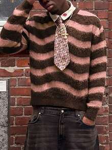 ANDREILEE 秋冬男女通用条纹落肩高街圆领长袖针织衫 - 棕色 - 查看 3