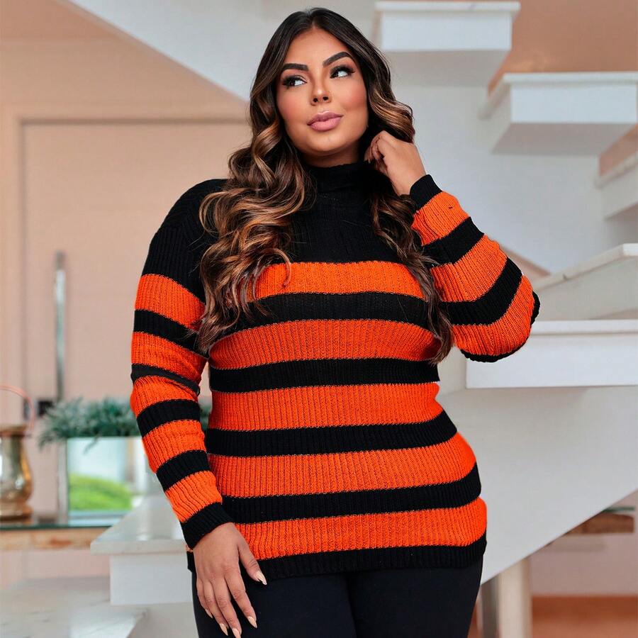 Plus Size Cold Knit Cacharrel Blouse With Thick Stripes And High Neck For Women - Orange - View 1