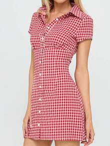 Women Plaid Shirt Dress Slim Fit Collared Short Sleeve Button-Up A-Line Mini Dress Casual Summer Streetwear - 紅色 - 查看 5