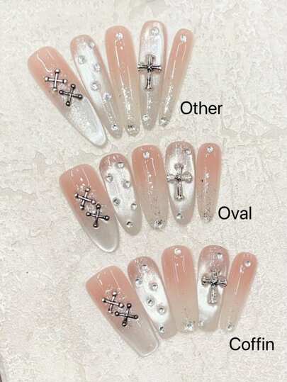 10Pcs Elongated Oval Minimalist Punk Y2K Style Edgy Metal Cross Decor With Glossy Silver Cat Eye, Suitable For Parties, Concerts, Reusable Handmade Nail Art Stickers With Jelly Gel, Mini Nail Buffer Stick Included Press On Nails Nail Supplies Nails