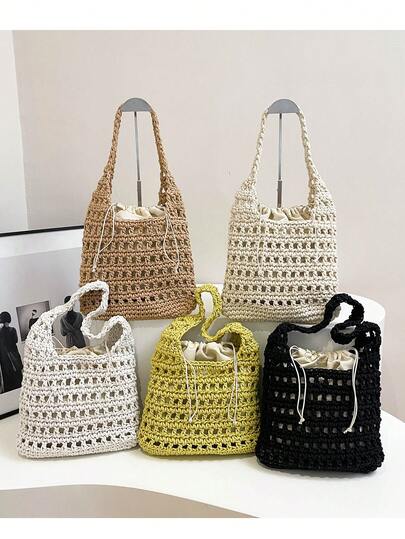 1pc New Solid Color Hollow Handmade Woven Beach Bag, Comes With Inner Lining, Elegant Lightweight Durable Women Summer Beach Travel, Vacation And Daily Use Shoulder Tote Bag