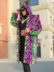 FHILLINUO Women's Colorful Leopard Print Faux Fur Hooded Knee-Length Jacket With Pockets, Long Sleeve, Regular Fit, Non-Stretch - 彩色 - 查看 2
