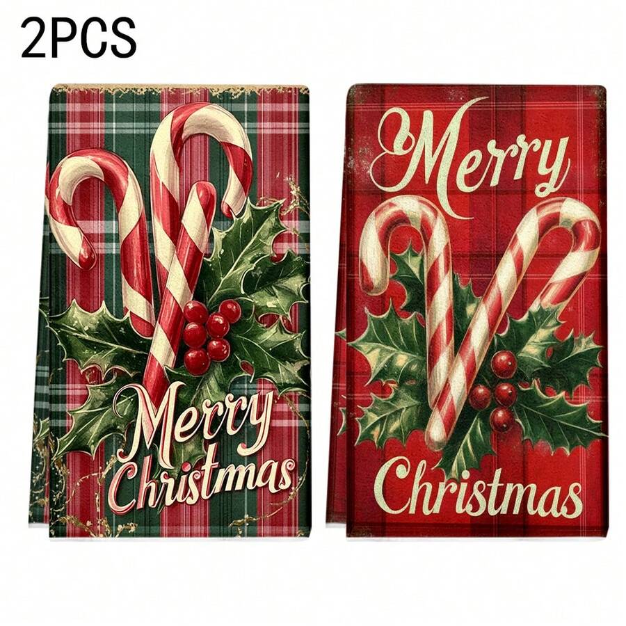 1 set/1 pièce/2 pièces Serviettes de cuisine et gants de vaisselle imprimés de cannes de Noël, convenant à la décoration intérieure des restaurants, cuisines et salles de bain, à la décoration de fête, aux cadeaux de vacances et pouvant également être offerts en cadeaux de Noël