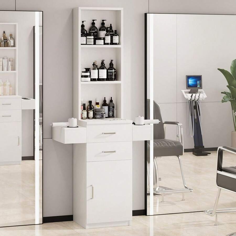 Salon Station For Hair Stylist, Salon Station With Barber Cabinet, Hair Stations Equipment Hair Dryer Holder, Drawers, Storage Cabinet For Hair Styling, White/ Black/ Pink - trắng - Xem 1