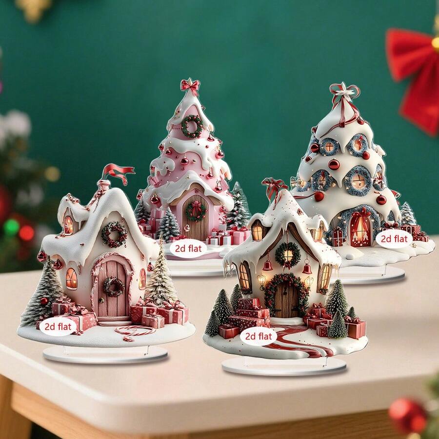1/4pcs Christmas Cottage Desktop Decoration Ornaments, 2D Acrylic Christmas Party Supplies, Christmas Tree Cottage And Gift Design, Living Room Bedroom Home Decoration, Office Desktop Decoration, Christmas Gift - Multicolor - View 1