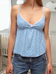Women Camisole, Sleeveless Tops V-Neck Backless Lace Trim Floral Summer Vest For Party Club - 藍色 - 查看 3