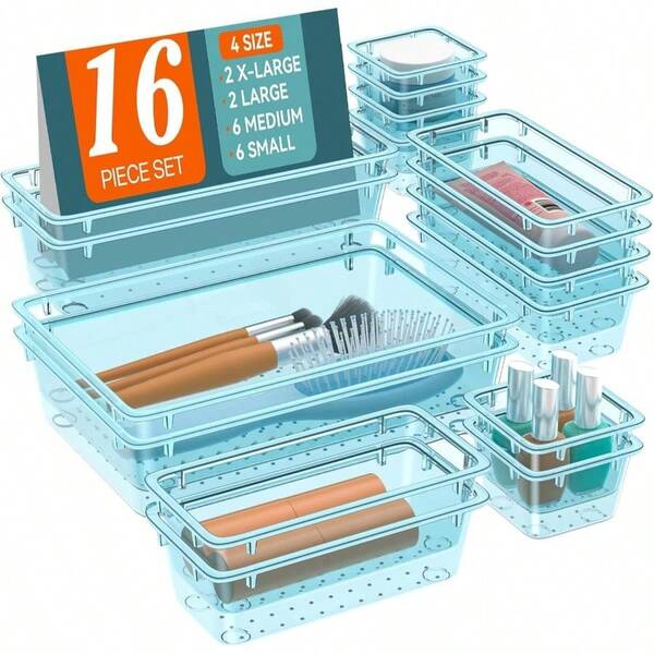 32 PCS Clear Plastic Drawer Organizer Set, 4 Sizes Desk Drawer Organization And Storage Containers For Makeup, Cosmetics, Jewelry And Gadgets In Kitchen, Bedroom, Office, Clear Black