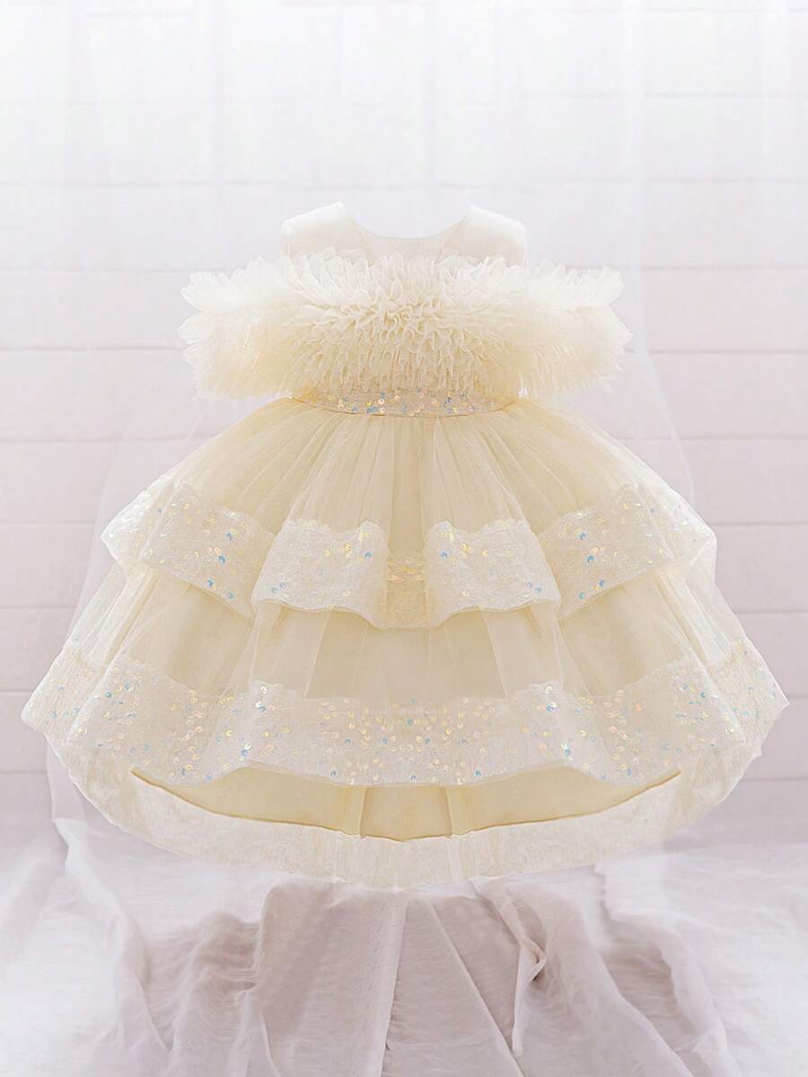 Baby Girls Sequin Tulle Cute Flower Girl Wedding Train Dress, Suitable For Party, Birthday, Outing, Does Not Include Headband - Champagne - View 1