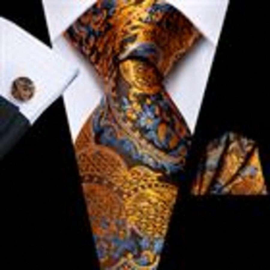 Gold And Blue Paisley Necktie Mens Tie Handkerchief Cufflinks Set Wedding Formal - 金色 - 查看 1