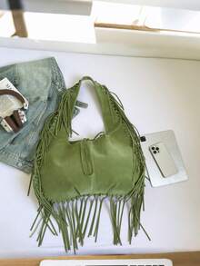 女士单肩托特包，复古休闲大容量腋下软皮流苏单肩包，