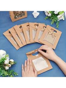 20 piezas de bolsas de regalo de papel kraft de alta calidad con textura, ventana transparente y asas resistentes - Lazo de cinta dorada elegante, ideal para bodas, fiestas, Día de San Valentín y ocasiones especiales - Multicolor - Ver 4