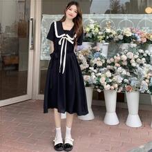 فستان أنيق أنثوي بأكمام قصيرة وشريط من الساتان بأسلوب لوليتا الفرنسي الرجعي، مناسب للارتداء اليومي العادي وأزياء هالوين