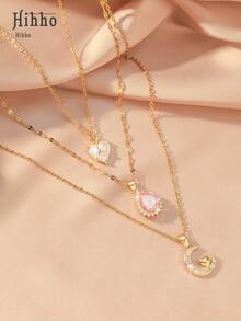 Hihho 3pcs Fashion Casual Heart, Moon, Water Drop Cubic Zirconia Inlaid Necklace Set For Women, Creative Personalized Party Gift - Yellow Gold - View 2