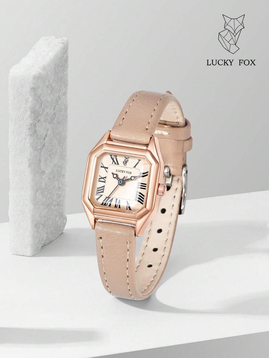 LUCKYFOX 1 件盒装石英表，优雅方形表盘设计，轻盈奢华，适合少女、学生、日常佩戴、返校 - 杏色 - 查看 1