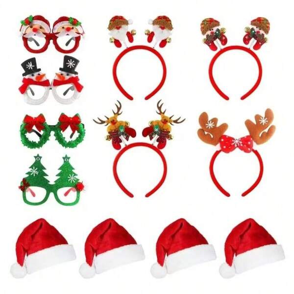 12pcs Christmas Glasses Frame Headband Santa Hat Reindeer Funny Gift Set, Christmas Student Costume Party Decoration Combo