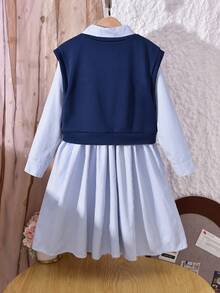 Vihyde 2 pezzi/set Abito camicia a righe e gilet con stampa a cuore, stile scolastico per ragazze adolescenti, autunno/inverno