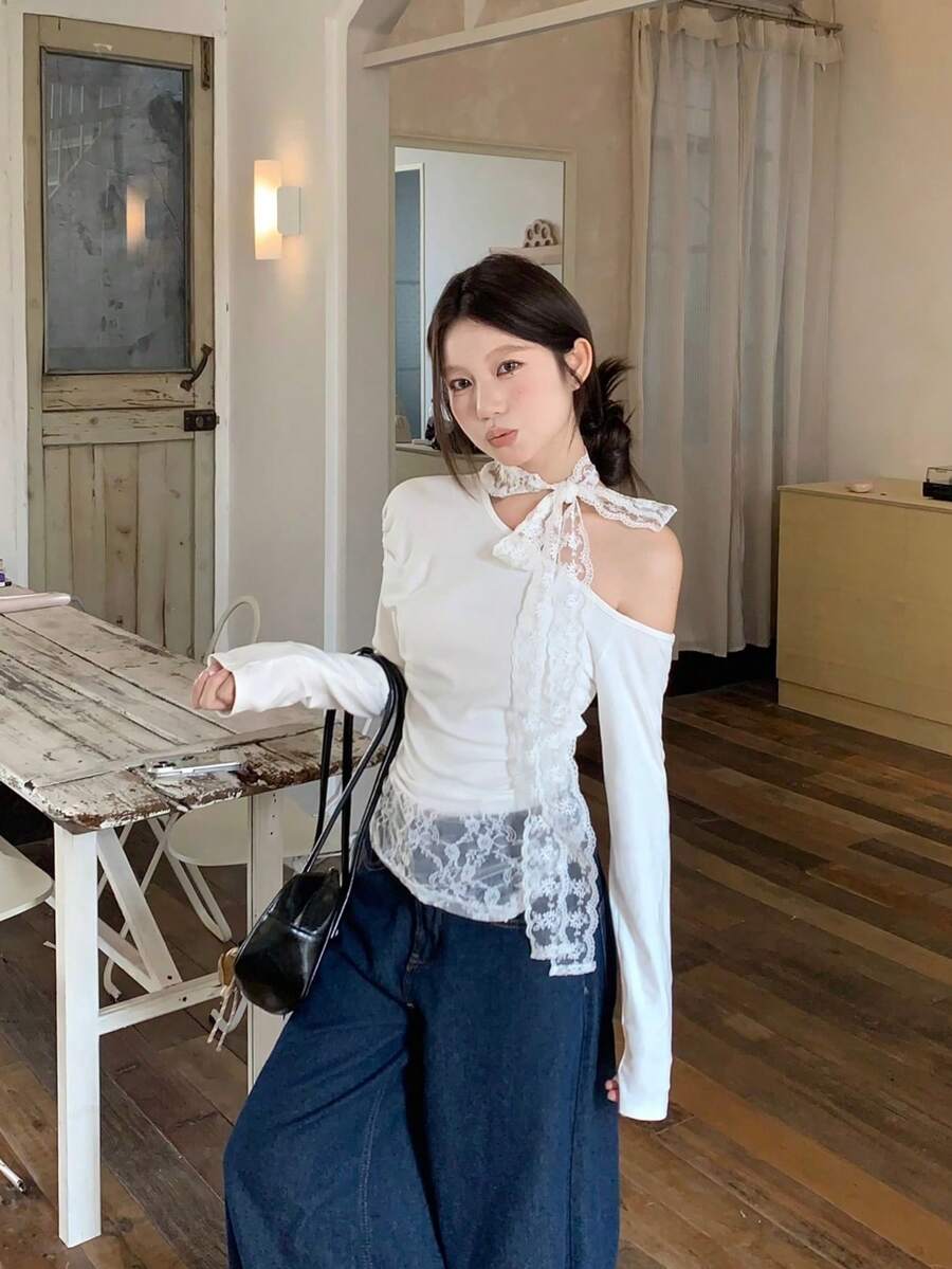秋季性感露肩撞色蕾丝长袖T恤女式领带 - 白色 - 查看 1