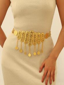 一条亮眼的金色锌合金腰带，散发着高贵的气息，瞬间提升了整体造型的华丽感，极具视觉冲击力。独特的编织造型搭配圆形硬币金属装饰和链条，丰富的细节和精湛的工艺，彰显着高品质和独特的品味。紧密贴合腰部曲线，巧妙勾勒腰线， - 金色 - 查看 11