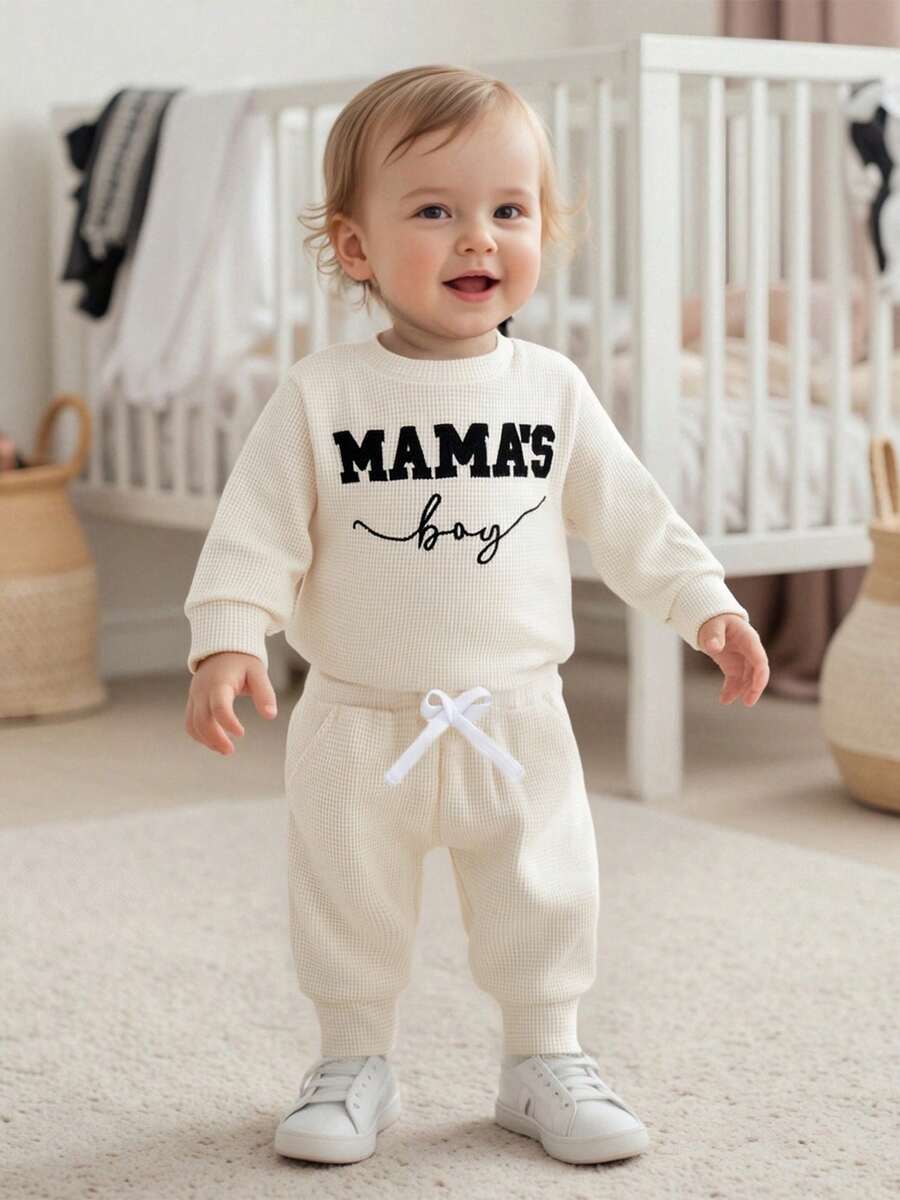 Newborn Baby Boys Outfit Waffle Knit Long Sleeve Mama's Boy Embroidery Sweatshirt Top Pants Set Infant Bodysuit Fall Winter Clothes - 卡其色 - 查看 1