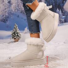 Damskie, jednokolorowe, pluszowe kozaki do połowy łydki z kokardką, ciepłe śniegowce, modne, zimowe botki na platformie z grubą, miękką wyściółką z pluszu, antypoślizgowe, wygodne, grube, śniegowce - Beżowy - Zobacz 2