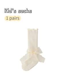 1 Pair Girls' Bow Decor Princess Mid-Calf Socks, Non-Slip Indoor Floor Socks, Toddler Socks, Spring/Autumn