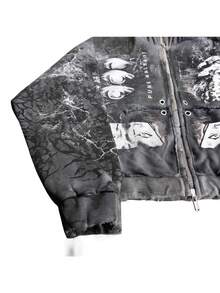 Dark Style Printed Men's Hooded Sweatshirt With Loose Zipper-Opening Front And Long Sleeves Vest