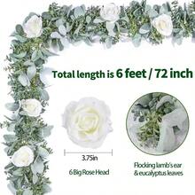 CZ Miracliy 6 Ft Eucalyptus Garland With Flowers Lambs Ear Greenery White Roses Flower Garland Fake Vines For Wedding Boho Table Mantle Backdrop Party Farmhouse Home Decor 8434 - 白玫瑰植絨 - 查看 2